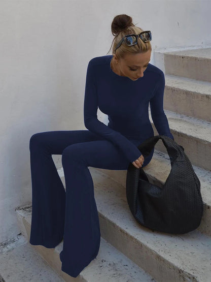SIsterlinda Solid Sexy Backless Bodycon Wide Leg Jumpsuit Women Autumn Casual Slim Long Sleeve O-Neck Playsuit Lady Streetwear