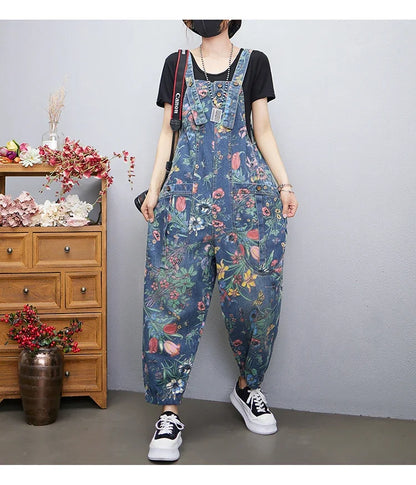 Casual Streetwear Print Floral Denim Jumpsuit Woman Loose Baggy Wide Leg Pants Rompers Big Size Pockets Straps Jeans Overalls