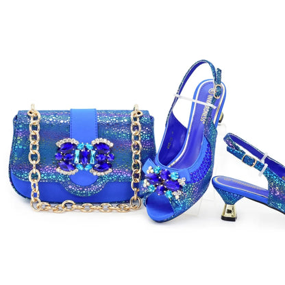 New Arrival Nigerian Women Heel Party Shoes and Bag Set Champagne Colour Rhinestone Handbag Italian Design Wedding
