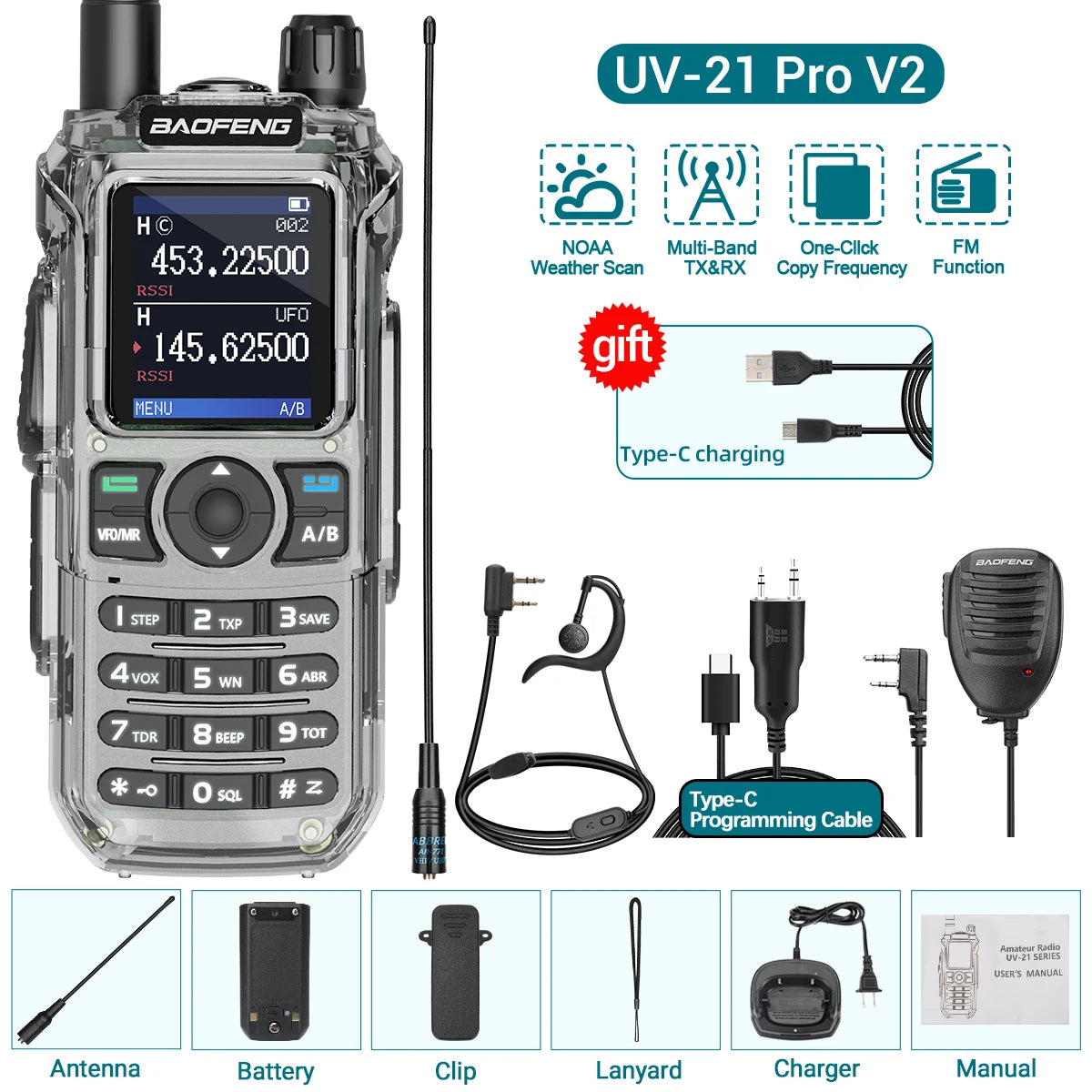 BAOFENG UV-21 PRO Walkie Talkie Wireless Copy Frequency High Power Multi-Band Type-C Charger Long Range Upgrade V2 Ham Radio