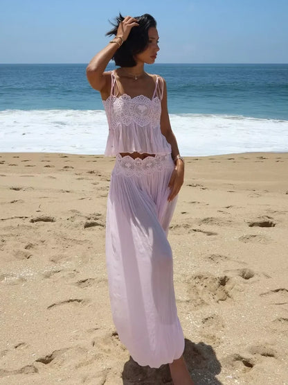 Beach Lace Hollow Out Women's Summer Pants Sets Lace Up Backless Spaghetti Strap Crop Top Loose Pleated Lantern Pant 2026 Suit