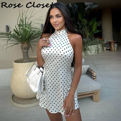 Polka Dots Halter Mini Dress Elegant Backless Sleeveless Cinched Waist Short Dresses Lace Up Skirts 2026 NEW Summer Lady Dresses