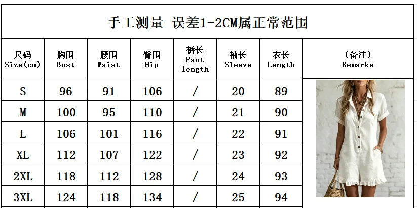 2026 New Women Lapel Short Sleeve Solid One-Piece Romper Fashion Ruffles Patchwork Loose Casual Button Pockets Shorts Jumpsuit