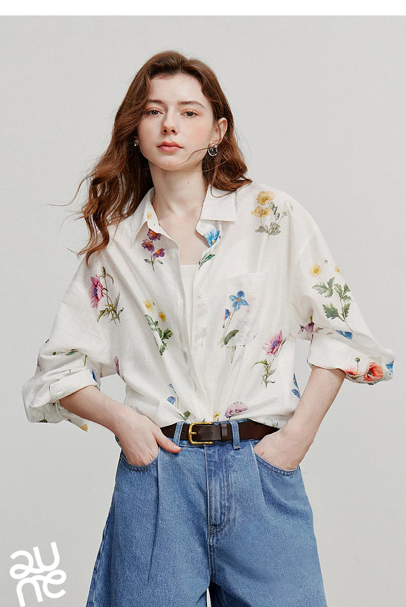 TOYOUTH Women Shirts 2026 Summer New Linen Lyocell Print Fresh Mid Length Floral Blouse Tops