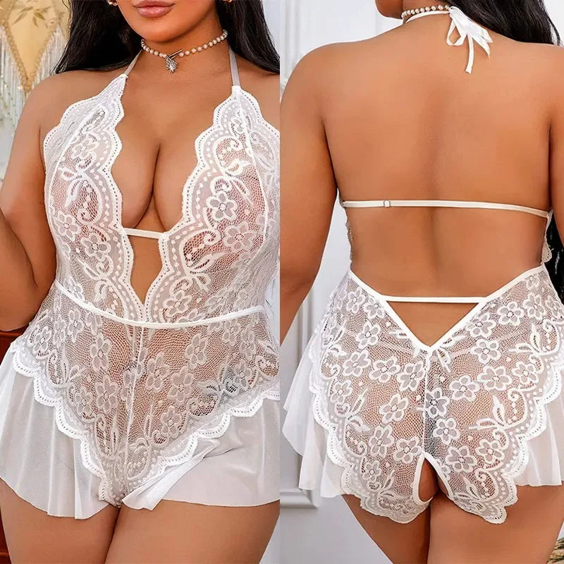 Erotic Crotchless Bodysuit Porn Pajamas 3XL Plus Size Sexy Lace Curve Women's Lingerie Exotic Transparent Open Backless Costumes