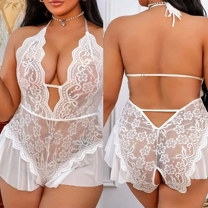 Erotic Crotchless Bodysuit Porn Pajamas 3XL Plus Size Sexy Lace Curve Women's Lingerie Exotic Transparent Open Backless Costumes