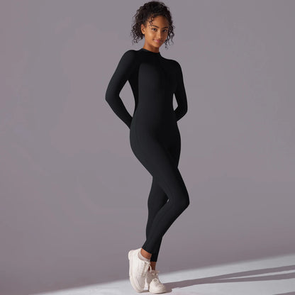 Solid Sports Jumpsuit Fashion Zipper Long Sleeve Fitness Overalls Women Sportswear Quick-dry Gym Yoga Jumpsuit