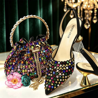 Multicolor Rhinestone Heels & Bag Set | Crystal Pointed Slingback Pumps, Women Wedding Bridal Evening Party Matching Shoes Handb