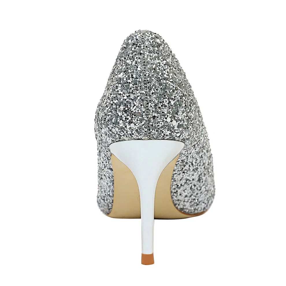 Women 7cm 9.5cm High Heels Pumps Wedding Bridal Scarpins Sparkly Mid Heels Lady Party Sequins Glitter Evening Gold Silver Shoes