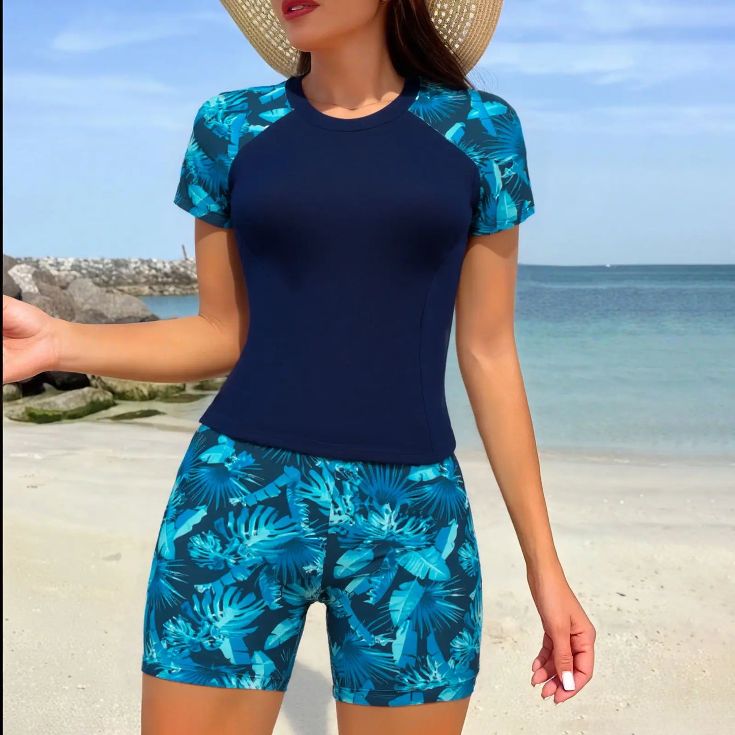 2026 Short Sleeves Tankini 2 Pieces Swimwear Female Printed Swimsuit Women Bathers Bathing Swimming Swim Suit Beachwear
