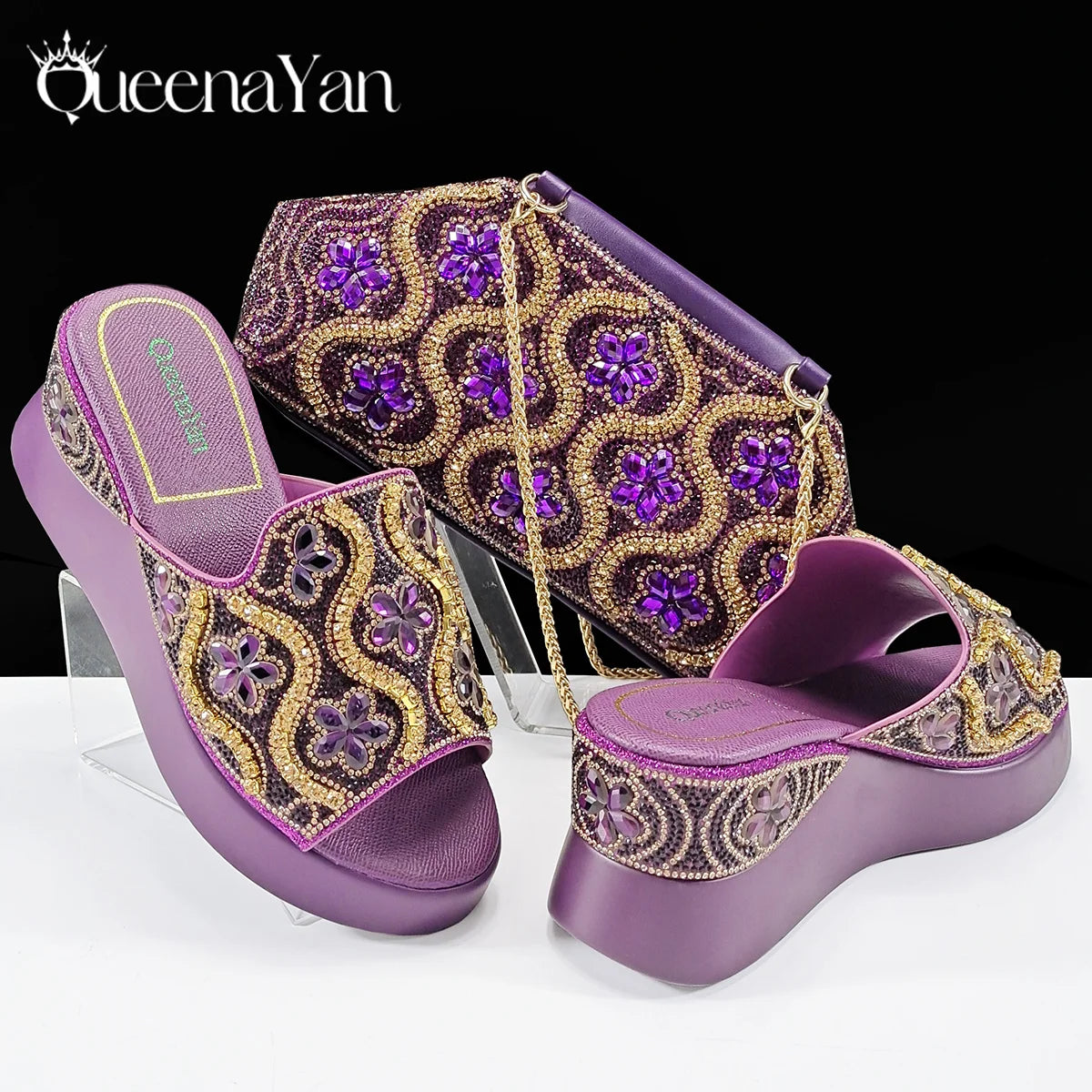 Queena Yan High Quality 2025 Newst Hot Selling Open Toe Slingback Sandals with Bag Set in Green Color For Women Wedding Party