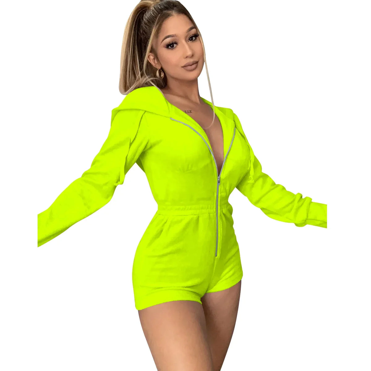 Hooded Jumpsuit Women Short Jumpsuit Black Blue Neon Geen Pink Overalls One Piece Outfit Jumpsuit Women Rompers Ropa Mujer