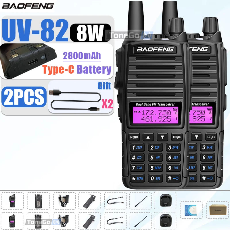 1/2Pcs Baofeng UV-82 Walkie Talkie 5/8W Tri-Power FM Radio Type-C Charger Dual PTT Dual Band VHF/UHF Two Way Camouflage For Hunt