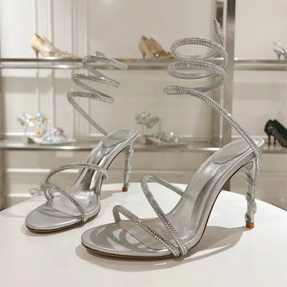 Luxury High Heels Sandals Woman Rhinestone Snake Twine Around Ankle Strap Wedding Shoes Stiletto Summer Gladiator Sandals Women