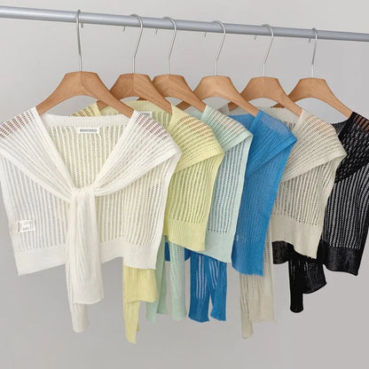Lace Hollow Linen Knitted Shawl Summer Air Conditioning Fake Collar Neck Guard Knit Thin Knotted Cape Shoulder Scarf For Women