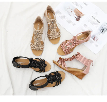High quality leather flat sandals for women 5cm mid heel flower summer 2026 36 42 open toe vintage beach shoe black pink beige
