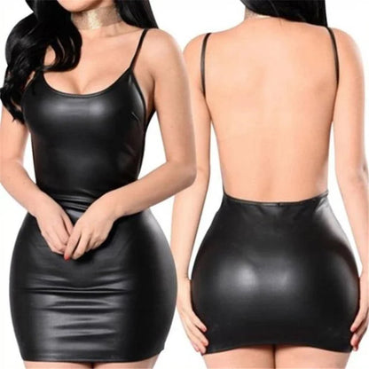 Sexy lingerie, women's cropped synthetic leather dress, open back, sexy latex miniskirt, girls' mini mini dress