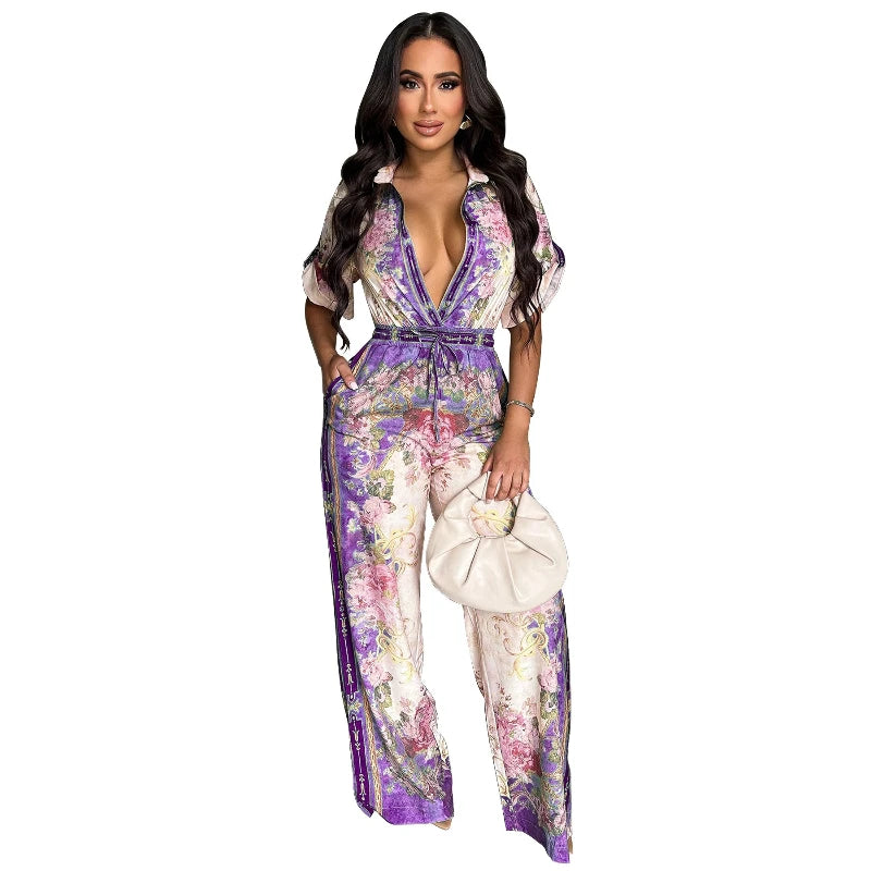 Jumpsuits Women Print One Piece Short Sleeve Overalls Wide Leg Long Pants High Waist Rompers Y2k Streetwear Beach V Neck 2025