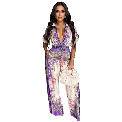 Jumpsuits Women Print One Piece Short Sleeve Overalls Wide Leg Long Pants High Waist Rompers Y2k Streetwear Beach V Neck 2025
