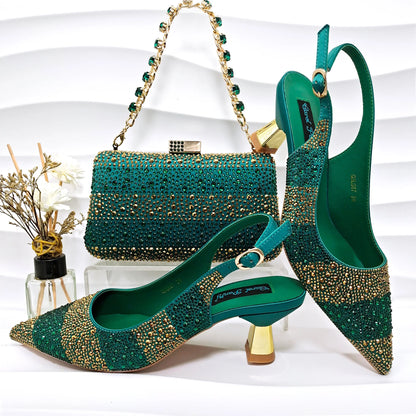 New Italian Design Stylish And Elegant Sky Blue Rhinestone Embellished Satin Pointy Toe Pumps And Clutch Bag