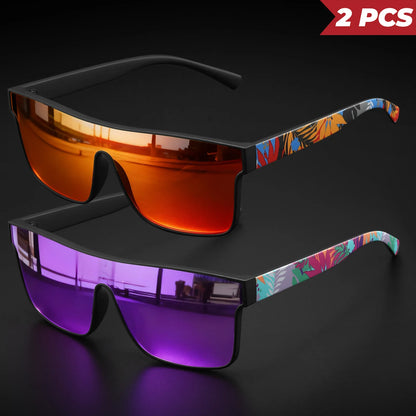 2PCS Classic Fashion Square Sunglasses - Patterned Temples, UV400 Unisex for Cycling, Running & Travel