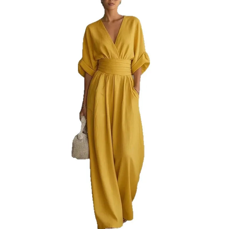 2026 Women V Neck Waist Wide Leg Jumpsuit Casual Elegant Summer One Piece
