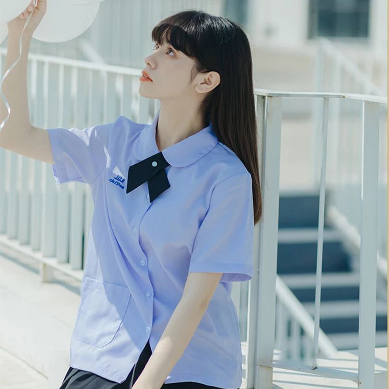 Men/Women JK Uniform Thai Style School Uniforms Short Sleeve White Shirt/Light Purple Shirt Preppy Style Pleated Skirt w/bow Tie