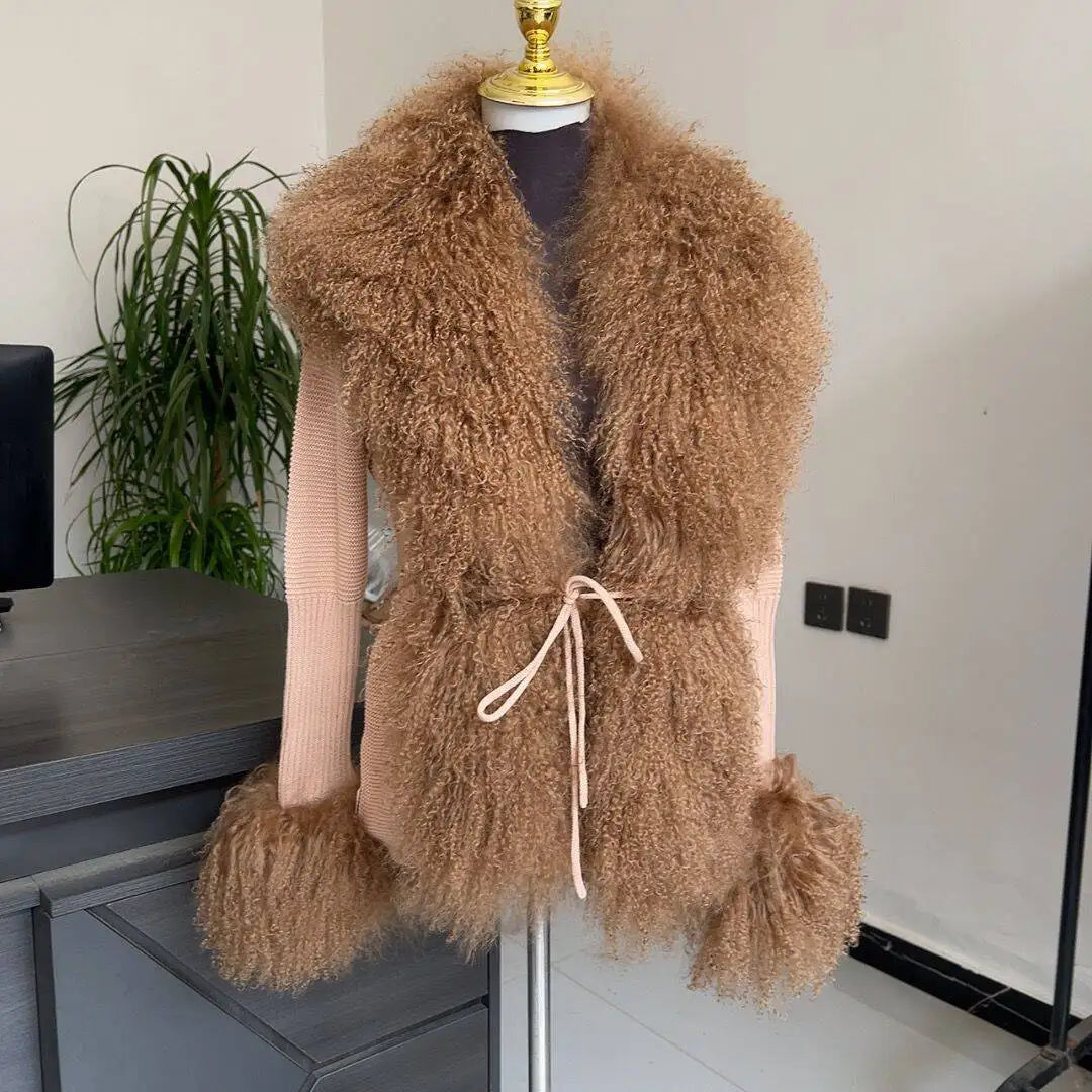 Mongolian Wool Knitted Cardigan Women's Brown Autumn Winter Knitted Cardigan Paired with Real Mongolian Wool Collar Jacket