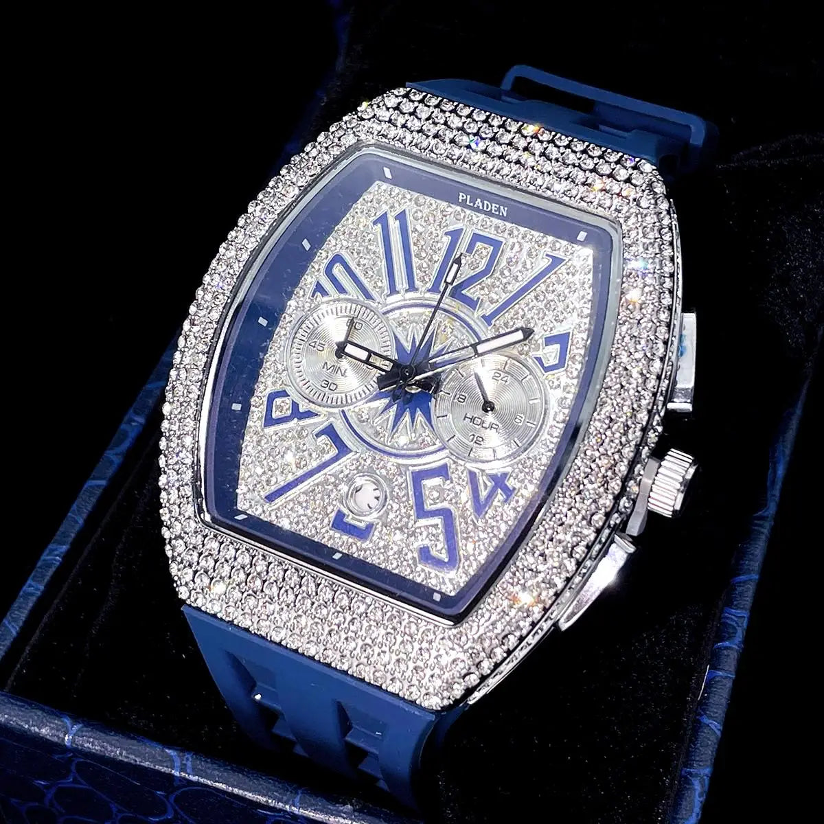 PLADEN Fashion Iced Out Watches Men Casual Blue Silicone Strap Quartz Wristwatch Man's Luxury Diamond Bling Tonneau Clocks 2026