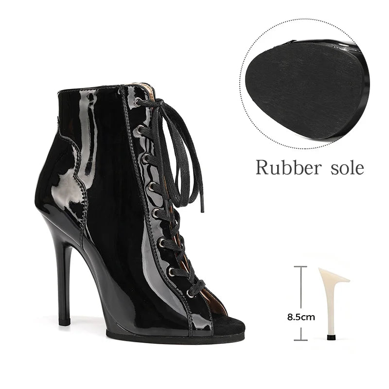 Women Sexy Thin High Heel Dance Shoes Party Ballroom Pole Jazz Lace Up Platform Dancing Boots Short Tube Heels 8.5/9.5CM Booties