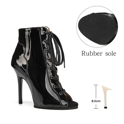Women Sexy Thin High Heel Dance Shoes Party Ballroom Pole Jazz Lace Up Platform Dancing Boots Short Tube Heels 8.5/9.5CM Booties