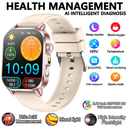 2026 New Professional-Grade Health Smart Watch Men ECG BP HR Uric Acid Lipid BMI Body Analysis Bluetooth Call Smartwatch Women