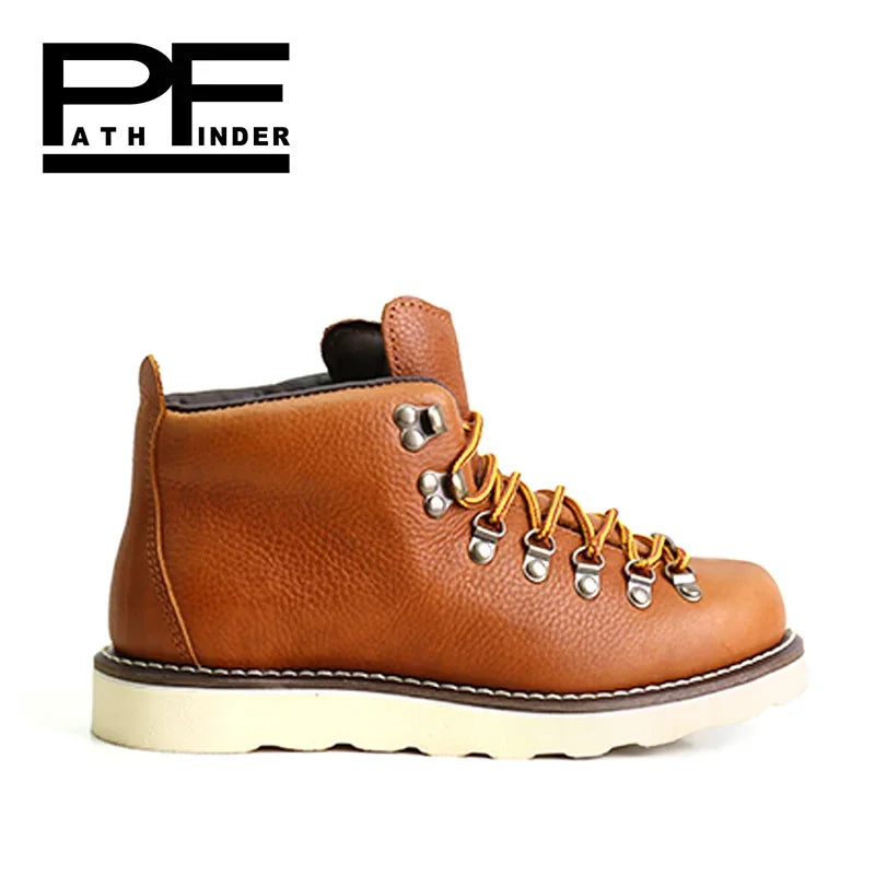 pf Fashion Genuine Leather Motorcycle Boots Men's Hiking Work Boots Women Ankle Western Boots Non-slip Round Toe