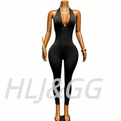 HLJ Black Sexy Deep V Halter Bodycon One Piece Jumpsuits Women Bandage Backless Slim Playsuits Fashion Club Overalls Clothing