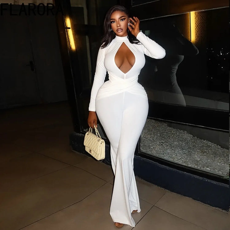 FLARORA Sexy Hollow Out Flared Jumpsuits Woman Turtleneck Full Sleeve Skinny Peach Hip Hot Girls Midnight Club Party Overalls