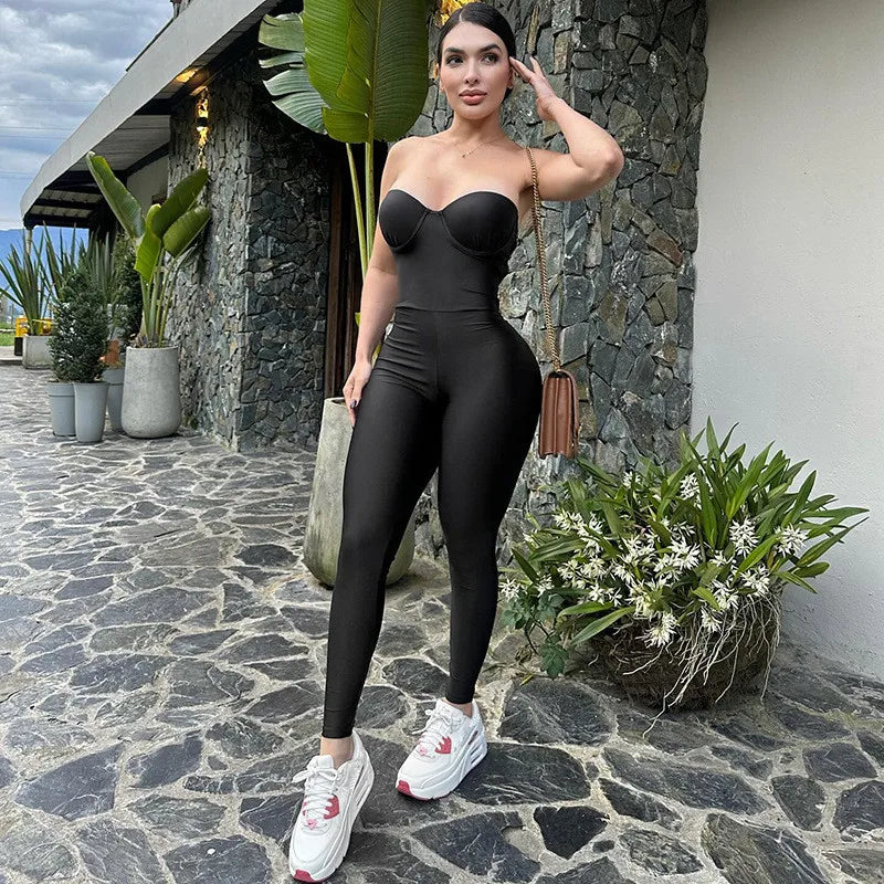 Sexy Strapless Corset Jumpsuit Women Sleeveless Backless Jumpsuits Skinny One Piece Romper Silver Bodysuit Summer Female Clothes