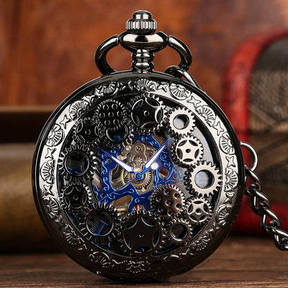 Manual Men's Mechanical Pocket Watch Hollow Design Roman Numerals Vintage Metal Pocket Watch Clock Chain Pendant Blue