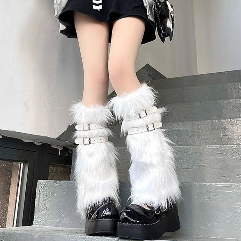 Furry Leg Warmers Women Sweet Lolita Leather-Buckle Plush Leg Covers Y2k Hottie Subculture JK Long Socks Punk Gothic Foot Covers