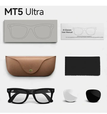 2026 Smart Glasses Genuine Leather 8MP HD Lens 2000Mah Charging Case BT Call 3D Music AI Voice Wake-up AI Translation