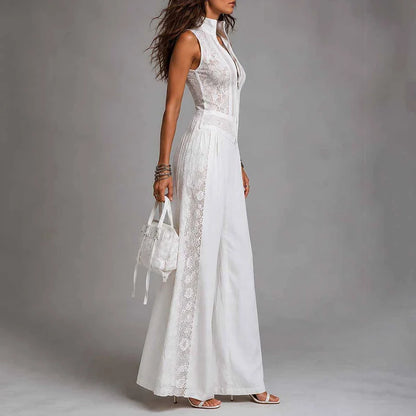 Casual Sleeveless Wide Leg Pant Playsuits Women's Elegant Lace Splicing Long Jumpsuits Fashion Stand Collar Zipper Solid Romper