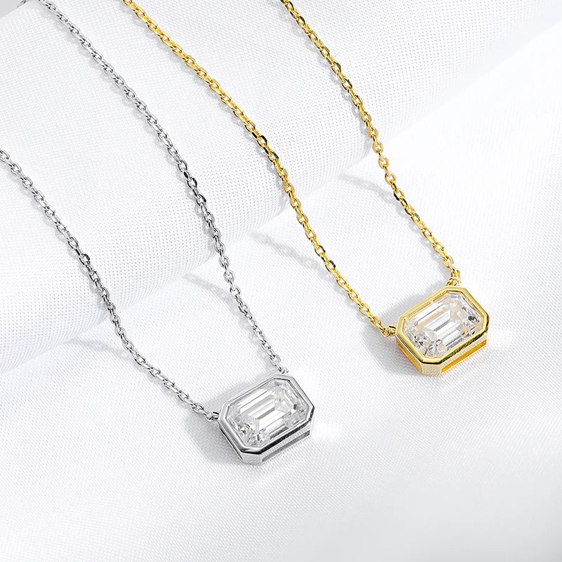 FEOBUR 2CT Emerald Cut Moissanite Pendant Necklace S925 Silver Certified Bezel Set Lab Diamond NeckChain for Women Jewelry Gifts
