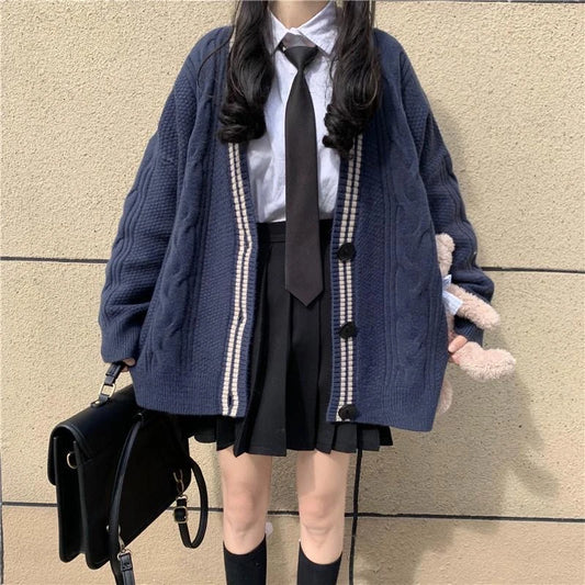 Japanese Student Girl College Style 100% V-neck Knitted Cotton Navy Cardigan Sweater Lazy Style Oversize School Uniform Full Set