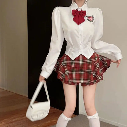 2025 improved cute sexy korea jk suit women autumn jk school uniform women shirt plaid pleated half skirt fashion two-piece set