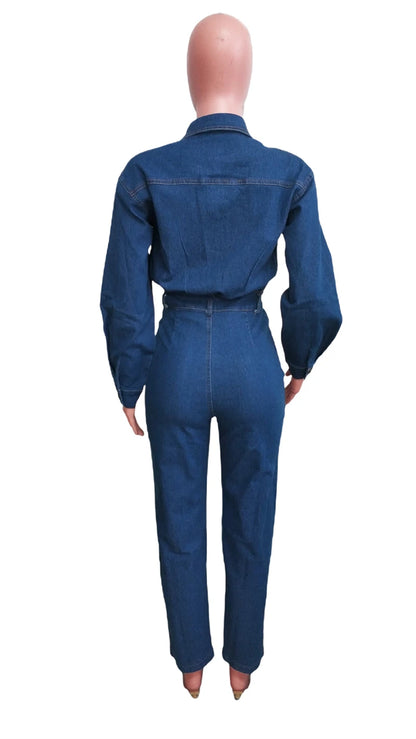 Streetwear Denim Jumpsuits Autumn Clothing Women Full Sleeve Button Up Jeans Long Rompers Playsuits One Pieces Overalls Outfits