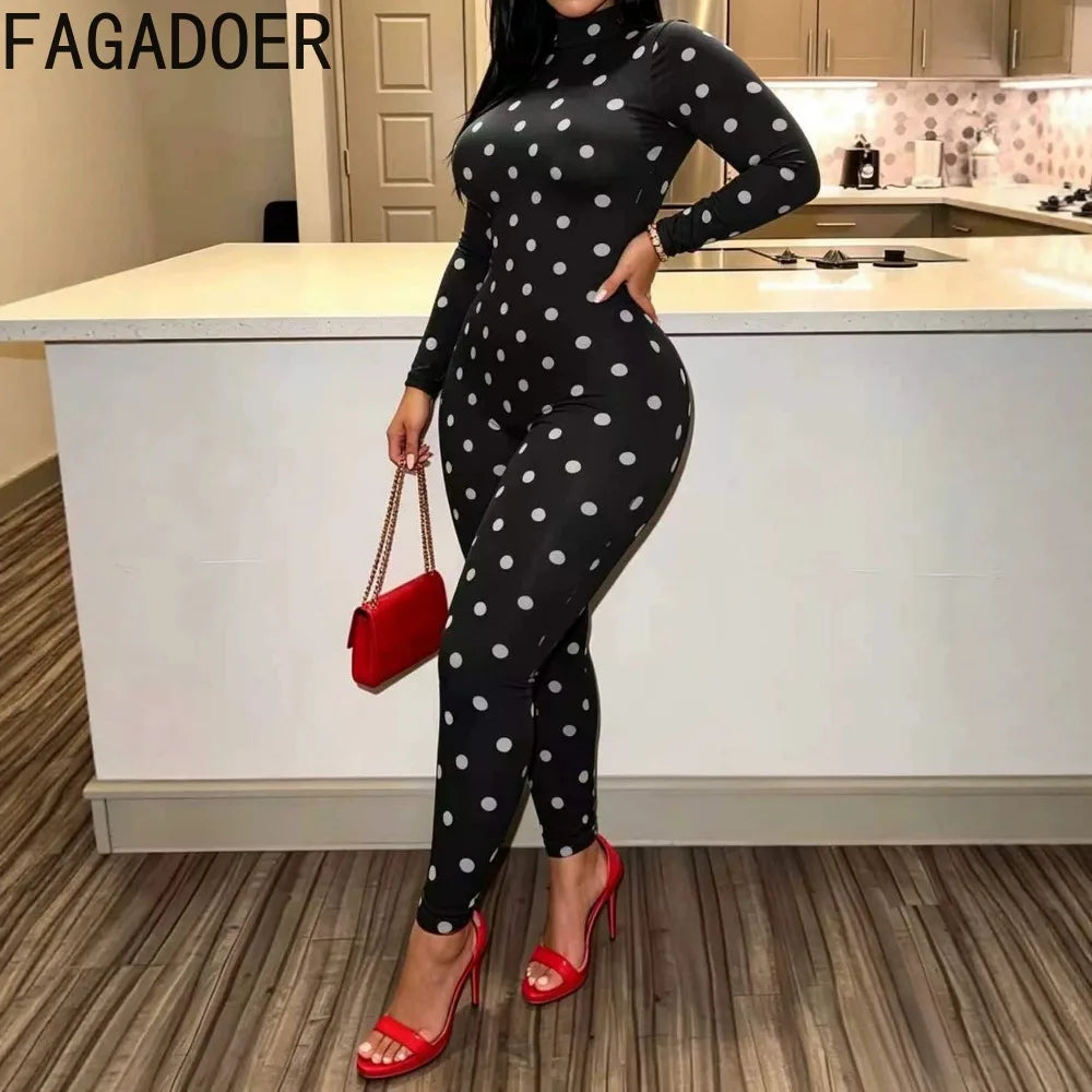 FAGADOER Sexy Women Polka Dot Bodycon Jumpsuit High Neck Long Sleeve Slim Fit One Piece Y2K Clubwear Party Outfit