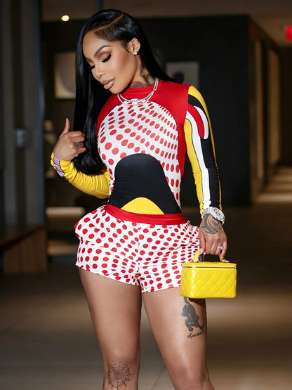 Sisterlinda Trend 2 Piece Set Women Sexy Colorful Print O-Neck Full Sleeve Patchwork T-Shirt+Polka Dot Bike Short Streetwear