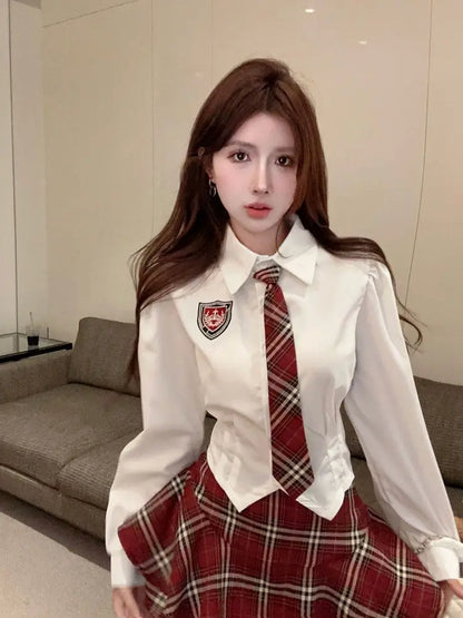 2025 improved cute sexy korea jk suit women autumn jk school uniform women shirt plaid pleated half skirt fashion two-piece set