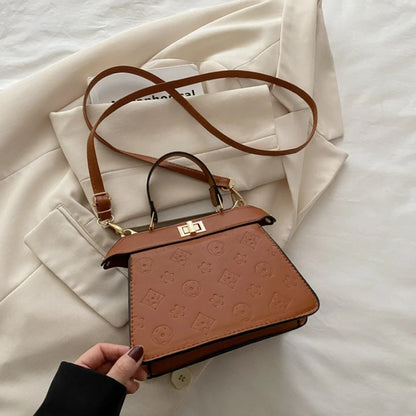 Fashion Embossed Top Handle Bags for Women,Metal Turn Lock Handbag, Adjustable Crossbody Strap,versatile Purse for Daily Outings
