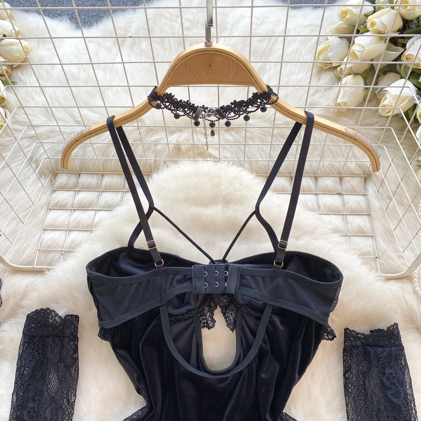 Women Lace Patchwork Velour Strappy Catsuits Fashion One Piece Combination Rompers Erotic Fashion Sexy Bunny Bodysuits Cosplay