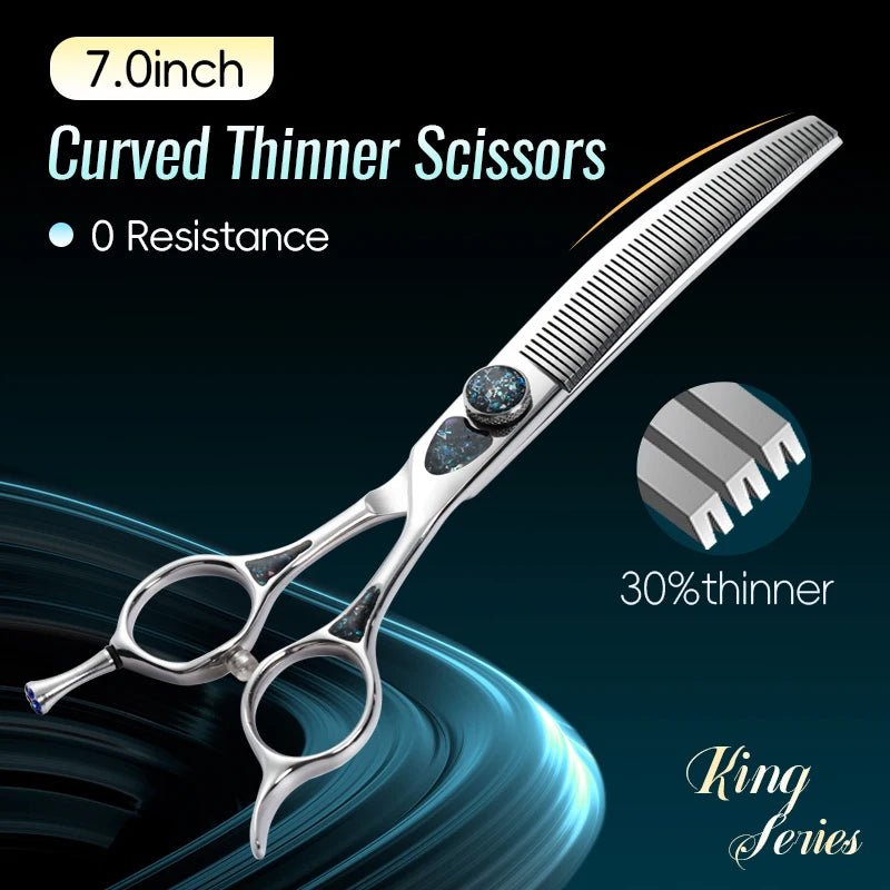 Fenice King Series 7/7.5Inch VG10 Shell Bearing Screws Dog Trimming Grooming Straight Curved Thinner Chunker Pet Scissors Tools